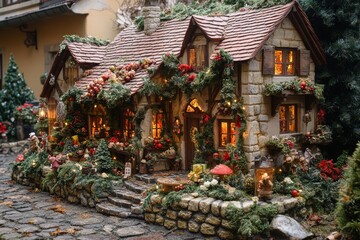 Charming Christmas crèche in a festive miniature house adorned with glowing lights, lush garlands, holiday decorations, and intricate seasonal details creating a cozy and enchanting winter village sce