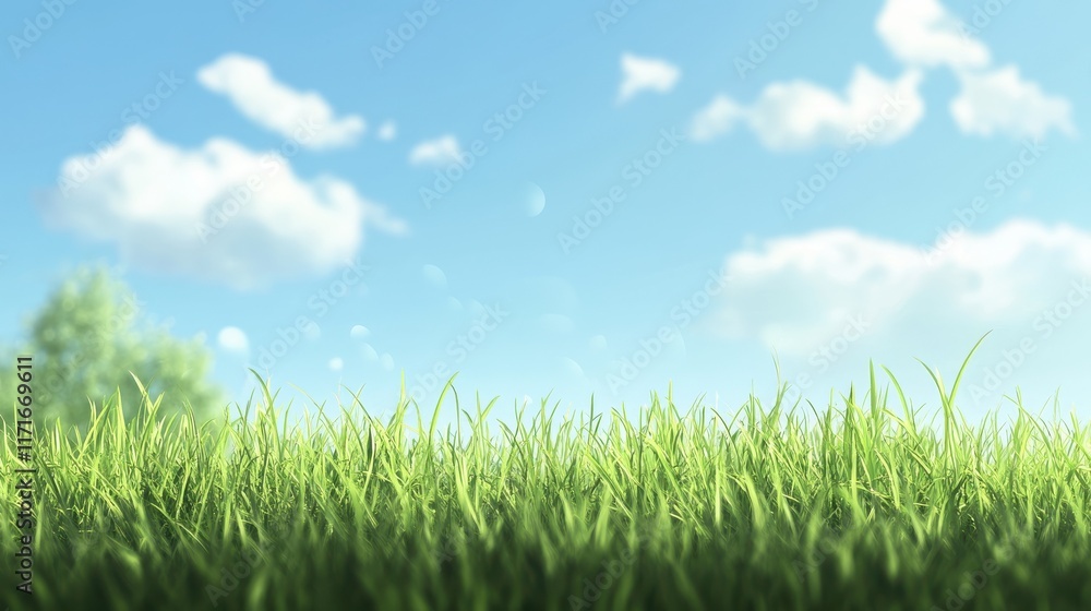 Poster beautiful sunny spring meadow with green grass and blue sky. abstract background with light bokeh an