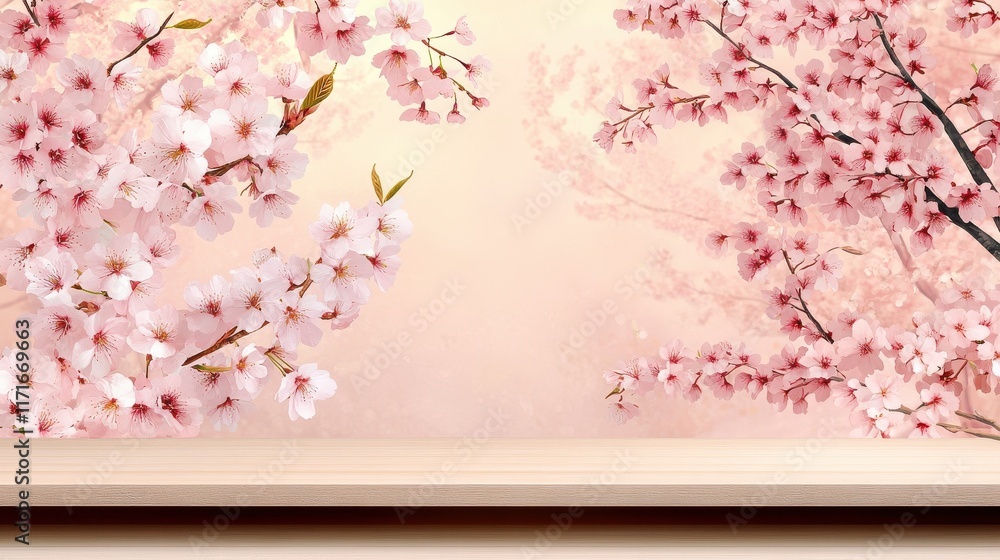 Poster Spring flowers background with empty wooden table top in front. Cherry blossom blank banner, generated by AI