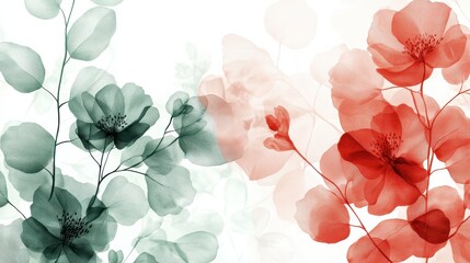 Floral hand drawn background. Botanical line art wallpaper with flowers, branches and eucalyptus leaves. Design in red and green shades watercolor texture for banner, prints, wall art and home decor.