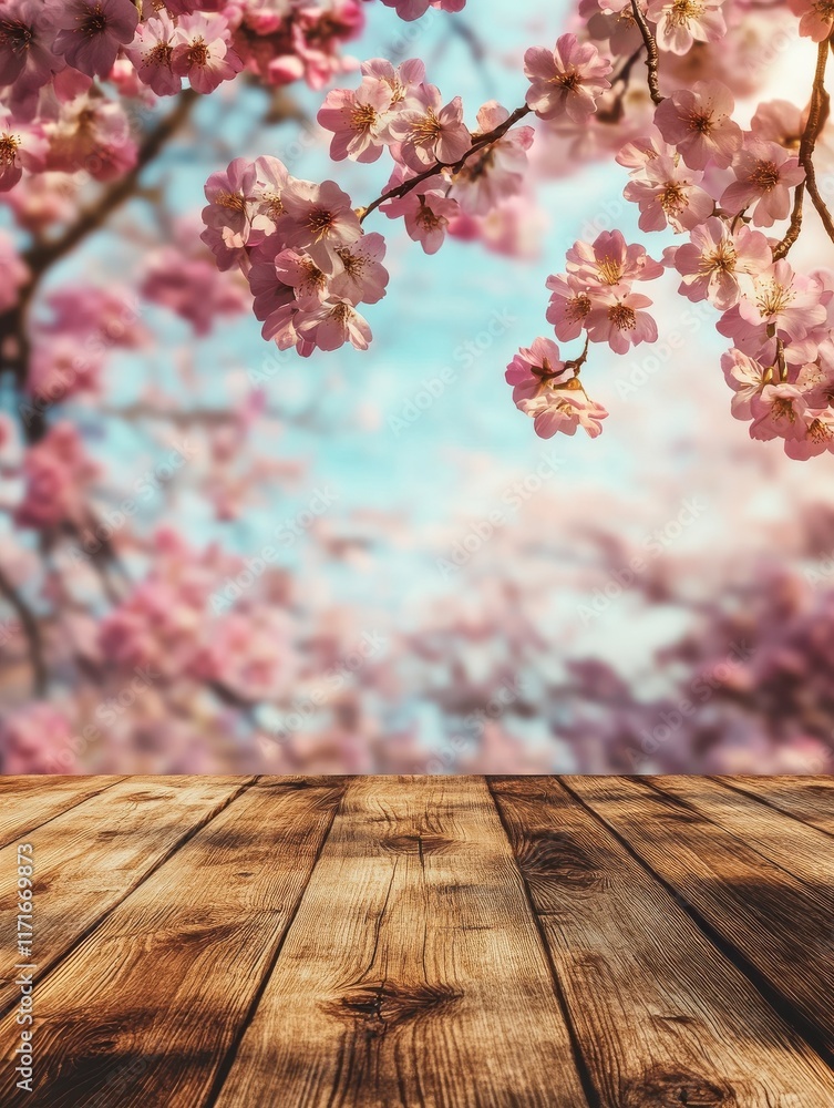 Poster spring flowers background with empty wooden table top in front. cherry blossom blank banner, generat