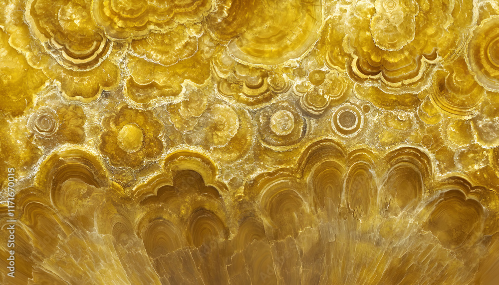 Poster stunning abstract image of golden onyx stone, showcasing intricate concentric patterns and swirling 