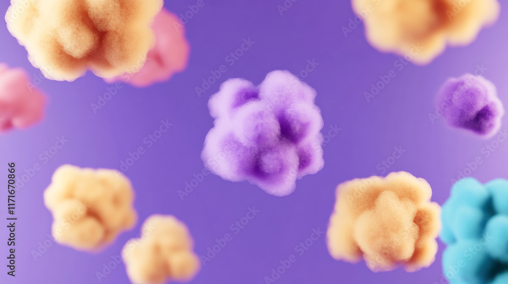 Poster colorful abstract clouds float against a purple backdrop, creating a whimsical and artistic visual i