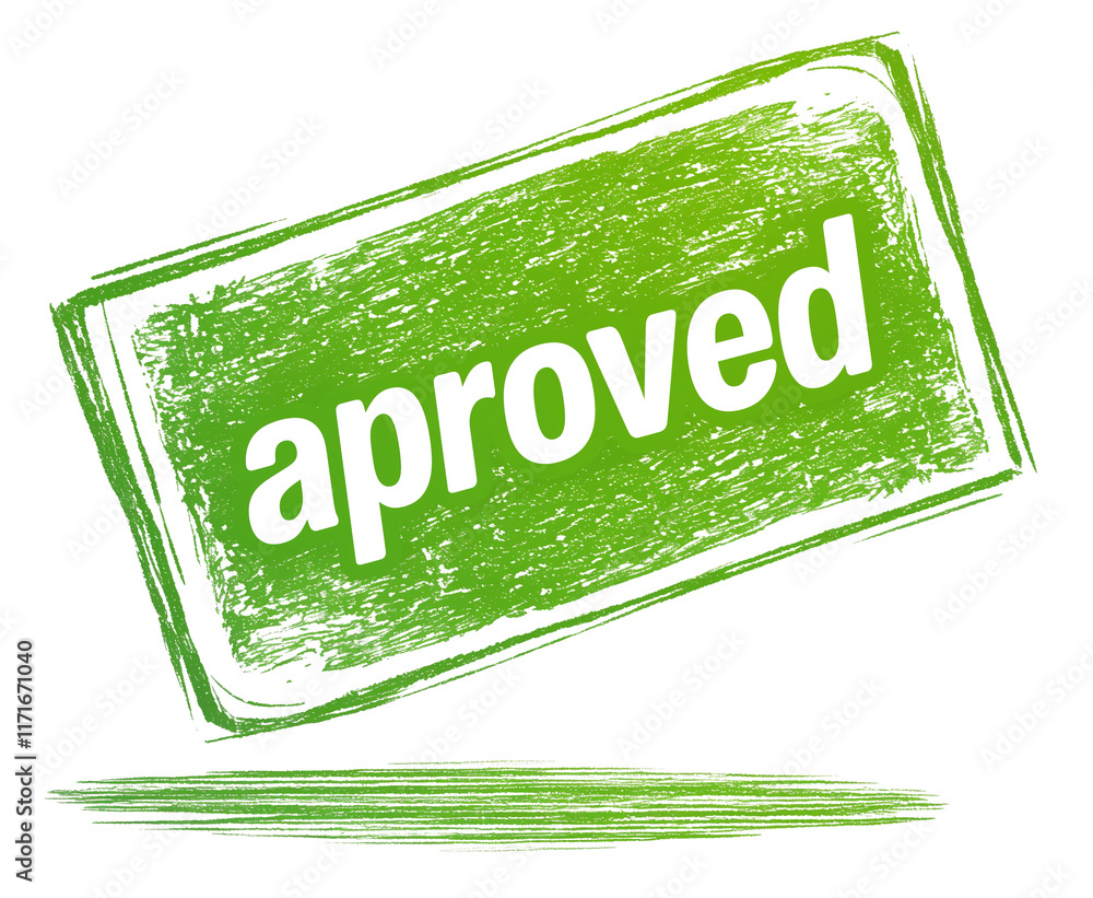 Poster green textured stamp with word approved in bold black letters, isolated on transparency background, 
