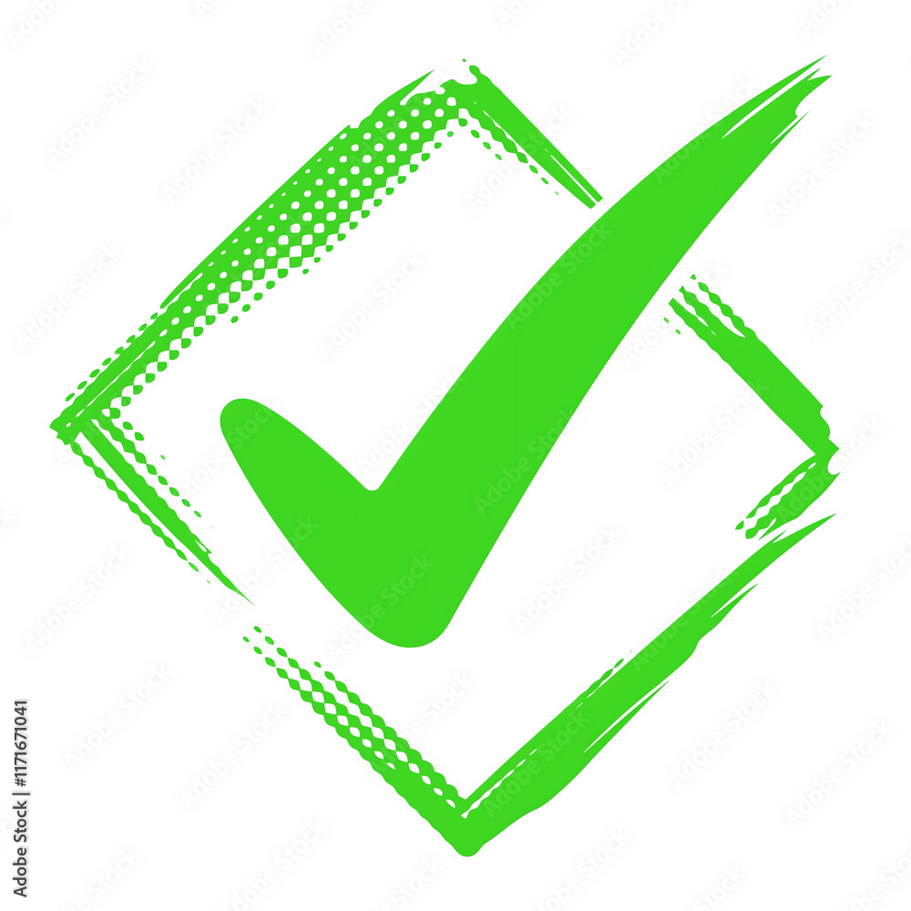 Poster green check mark with dotted pattern and brushstroke design, isolated on transparency background, sy