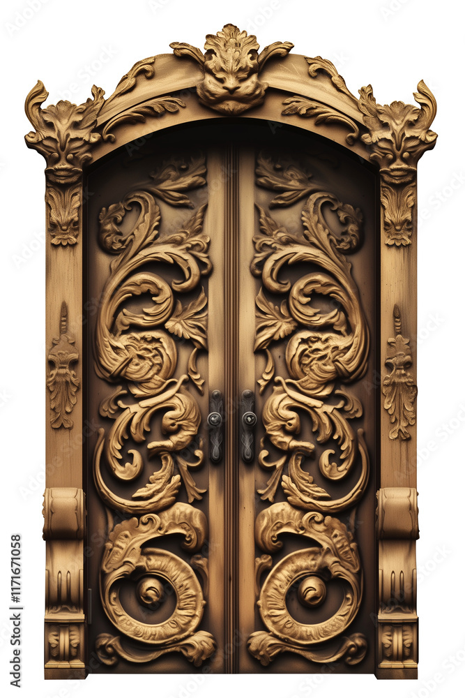 Poster ornate golden brass double door with intricate embossed floral and scroll details, featuring luxurio