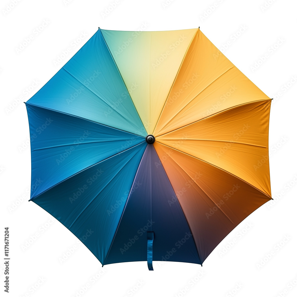 Poster vibrant gradient colored umbrella with top view showcasing smooth transition of blue, yellow, and or