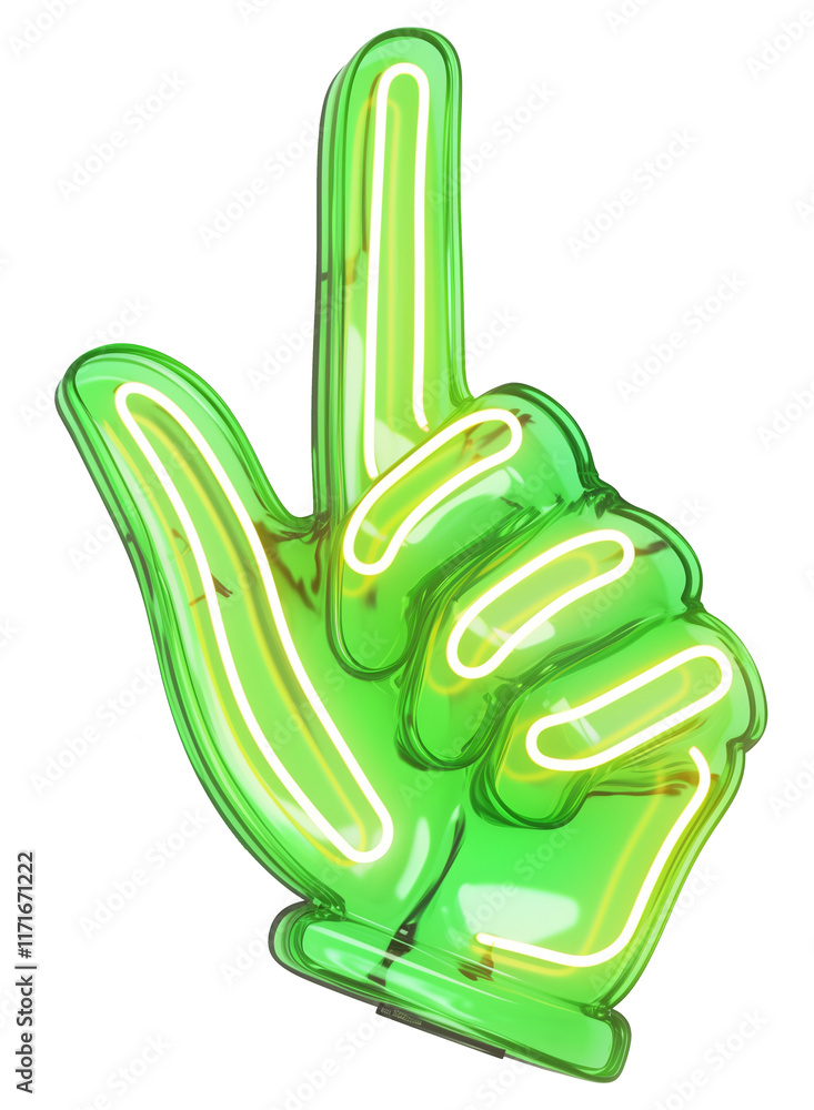 Poster bright neon green hand symbol pointing upward, isolated on transparency background, glowing with vib
