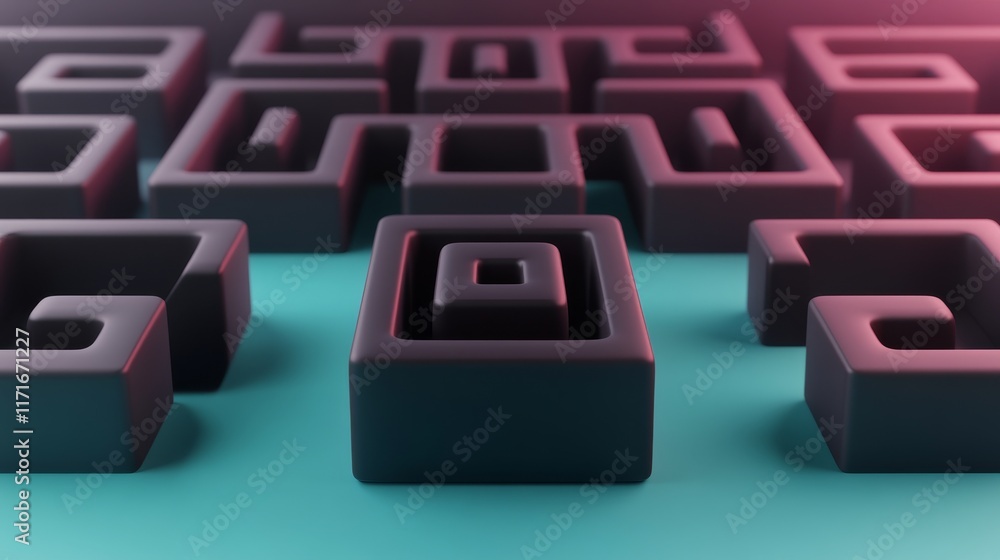 Poster a modern, abstract design featuring interlocking geometric shapes on a turquoise background, highlig