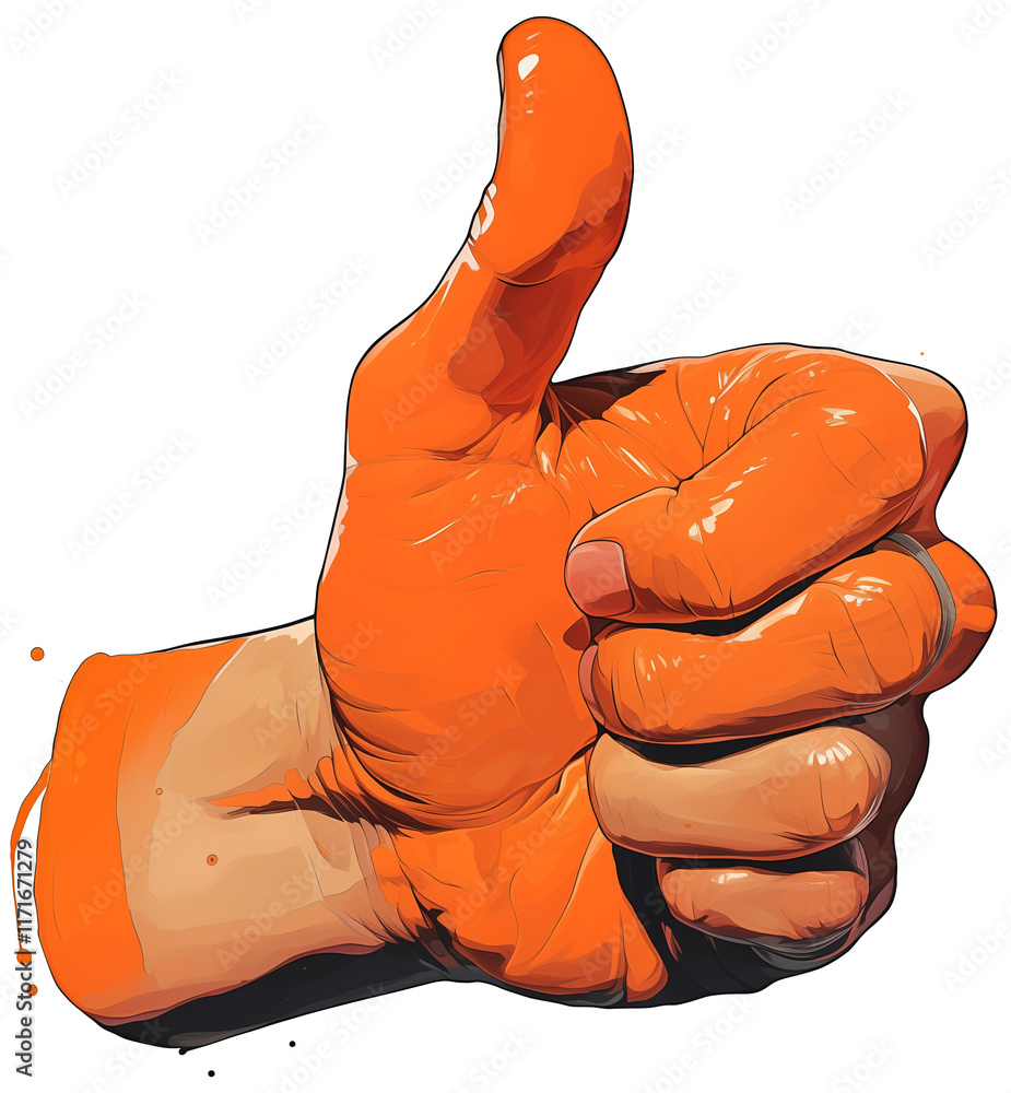 Poster Vibrant orange thumbs up symbol with glossy finish, isolated on transparency background, representing positivity and approval in bold and dynamic style