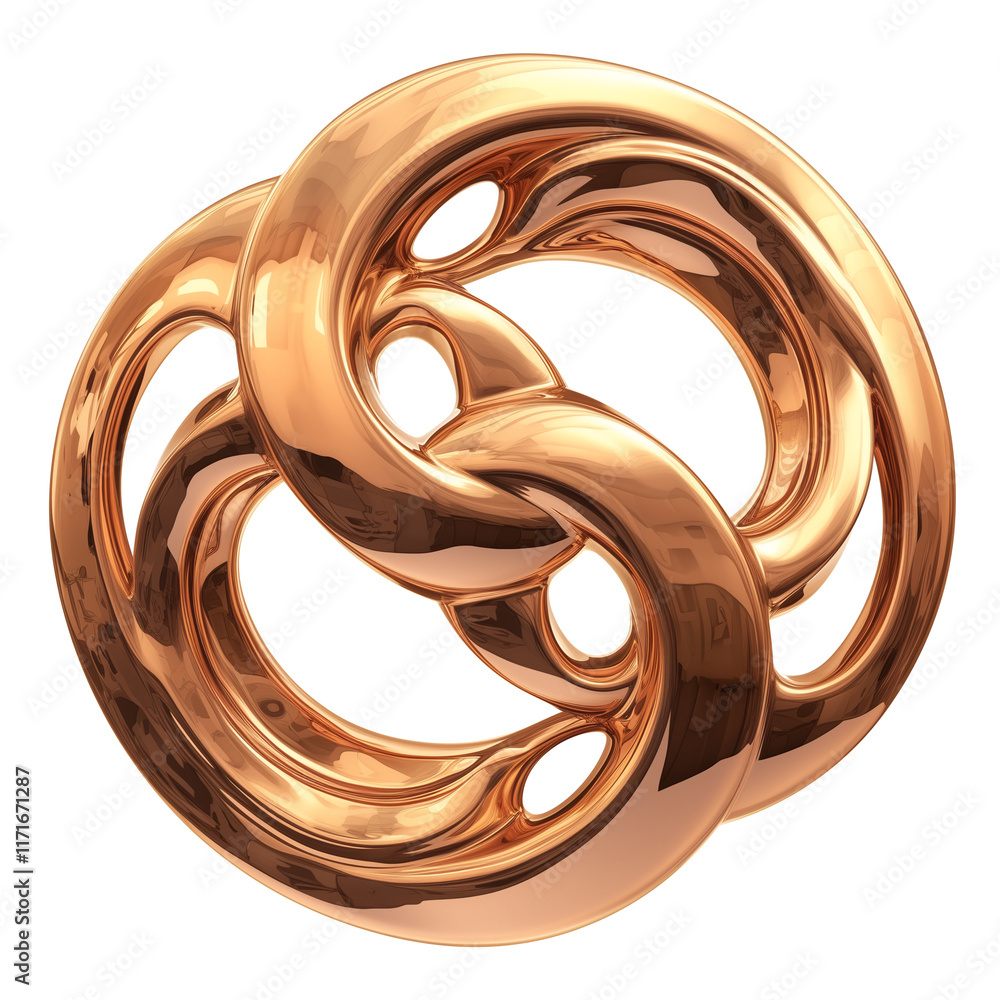 Poster polished bronze sculpture featuring intricate interlocking knot design with smooth curves and reflec