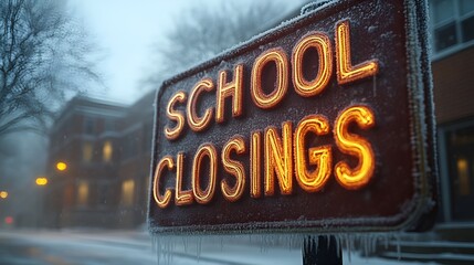 SIGN THAT READS “SCHOOL CLOSINGS” - announcement - snow day - bad weather - ice - frigid conditions - schedule - vacation 