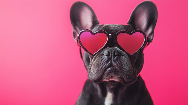 Buldog francuski w serduszkowych okularach spogląda figlarnie na żywym r&oacute;żowym tle, tworząc zabawną i ciepłą atmosferę.
