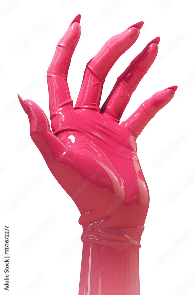 Poster glossy pink rubber hand with flexible features and sharp nails is isolated on transparency background, showcasing surreal and artistic design
