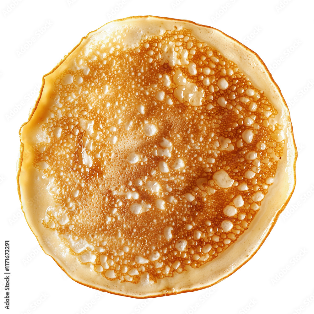 Poster Golden pancake isolated on transparency background, showcasing its fluffy texture and crispy edges, perfect for breakfast or dessert