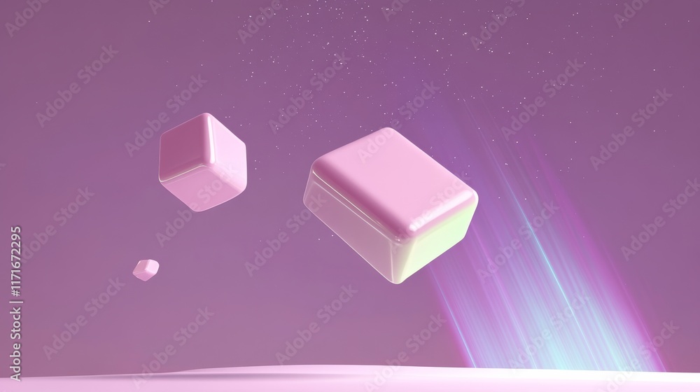 Aufkleber the image features floating pastel cubes in a dreamy, purple environment with soft lighting, creatin