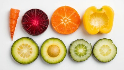 Vibrant Vegetable Slices: Carrot, Beet, Orange, Pepper, Avocado, Cucumber