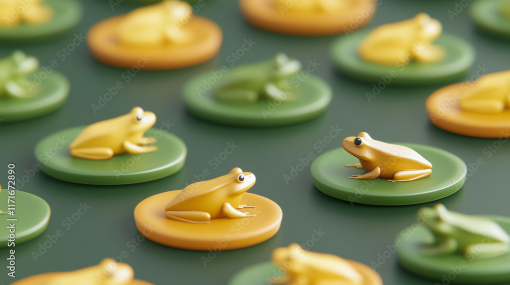 Poster colorful frog tokens arranged on green and yellow bases, creating a playful pattern ideal for games 