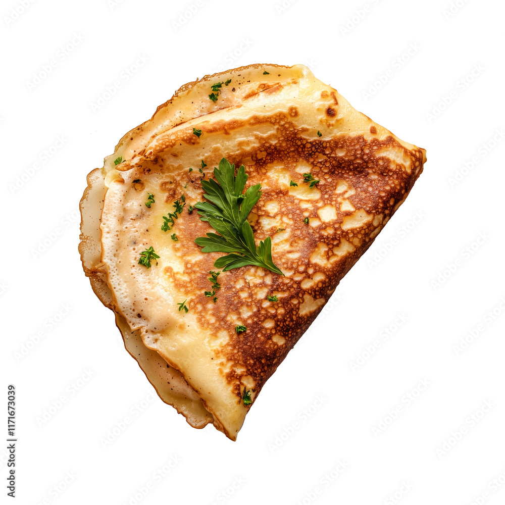 Poster Thin crepe folded with parsley garnish on top, isolated on transparency background. golden brown texture and fresh herbs create delicious and appetizing presentation