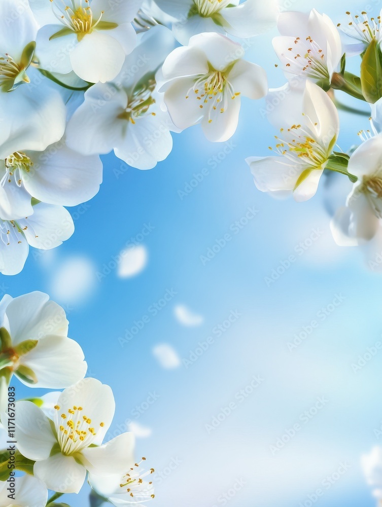 Poster spring border background with white blossom copy space.