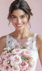 Naklejka premium Beautiful bride holding a bouquet of roses. AI.