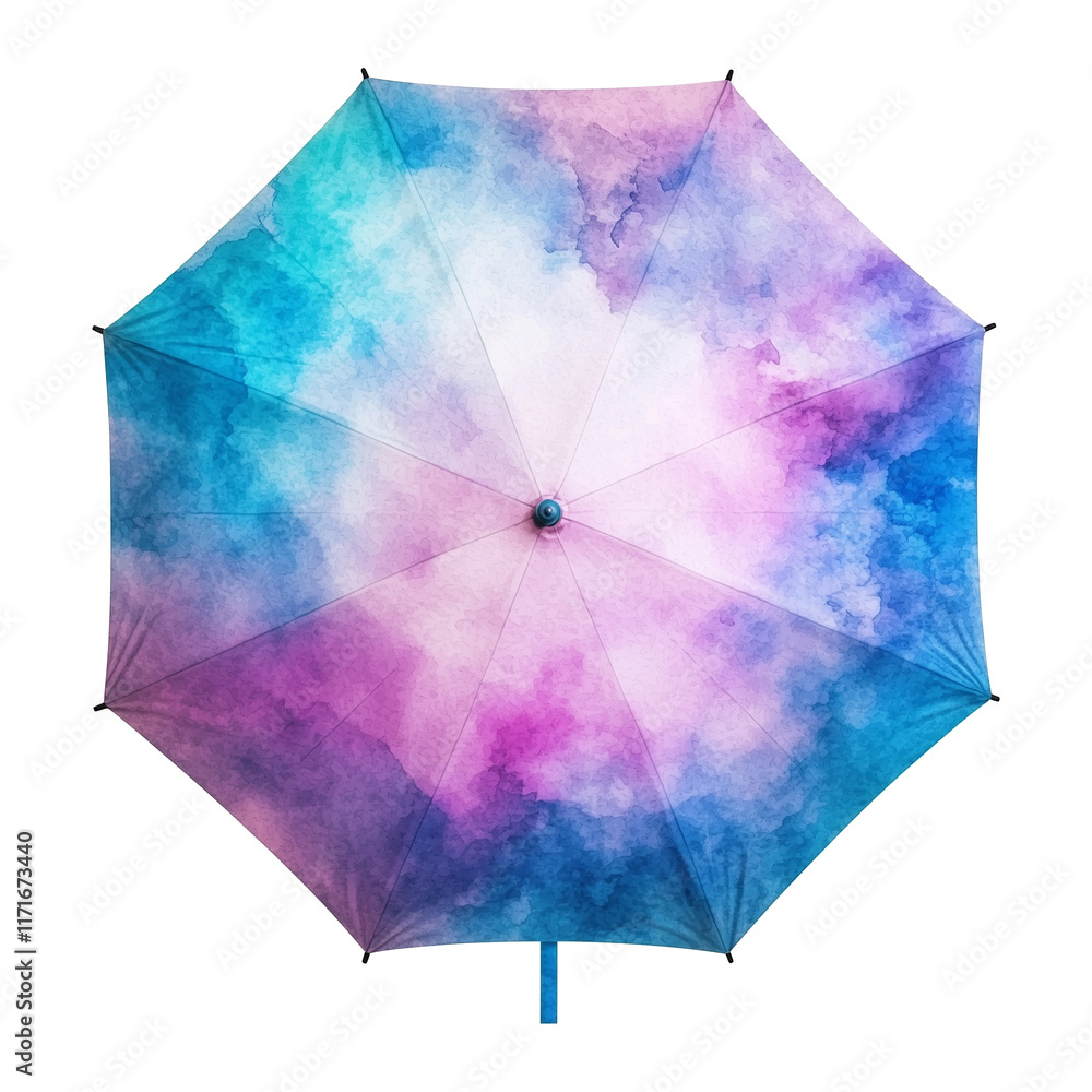 Poster top view of watercolor effect umbrella with soft pastel hues blending into vibrant gradient, creatin