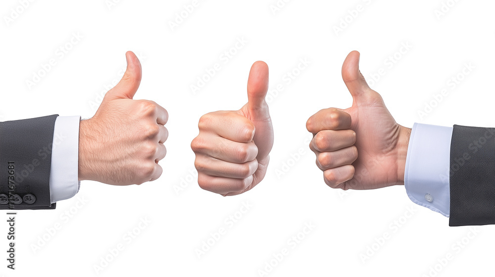 Poster three hands in formal attire showing thumbs up gestures, symbolizing approval, agreement, or positiv