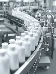 Obraz premium White bottles moving on a conveyor belt in a factory. AI.