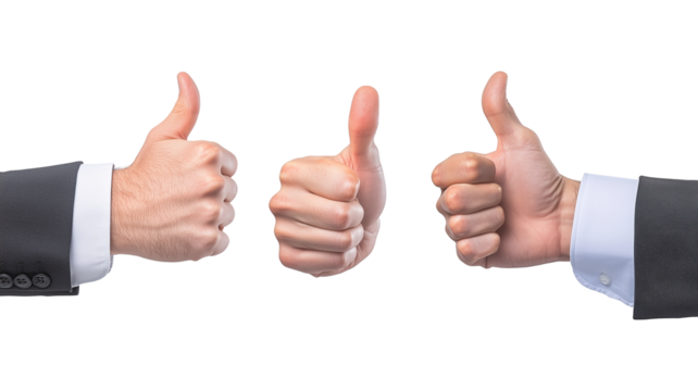 Three hands in formal attire showing thumbs up gestures, symbolizing approval, agreement, or positivity, isolated on transparency background - Powered by Adobe