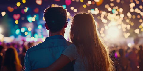 couple embraces while enjoying vibrant music festival at night, with colorful heart shaped lights glowing in background, creating romantic and lively atmosphere
