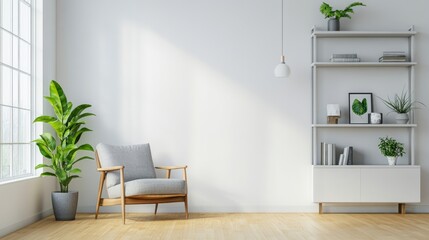 Minimalist Living Room with White Brick Wall and Industrial Shelving
