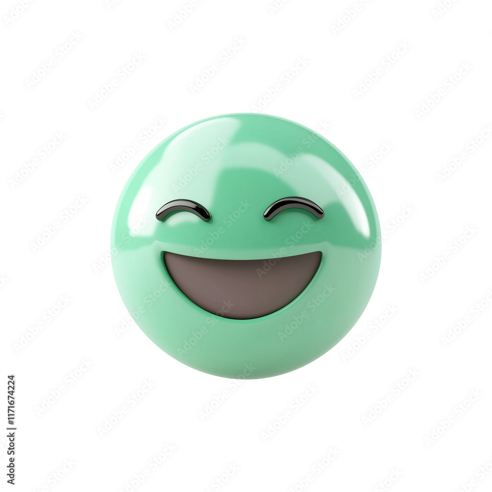 Poster 3d pastel green emoji with relieved expression, featuring wide smile and closed eyes, isolated on tr