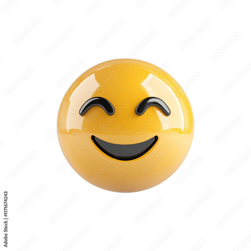 Poster 3d smiling emoji in bright yellow with glossy finish, isolated on transparency background, expressin