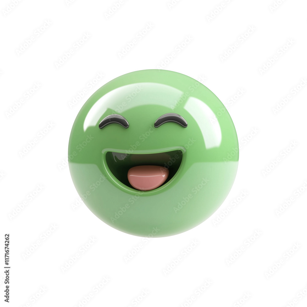 Poster 3d pastel green emoji with relieved expression, isolated on transparency background, featuring gloss