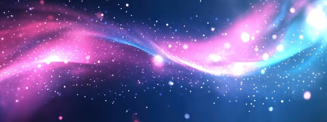 Obraz premium Abstract cosmic wave, vibrant energy flow, neon pink and blue light streaks, starry background, dynamic motion, glowing particles, interstellar space, ethereal luminescence, swirling nebula, cosmic ri