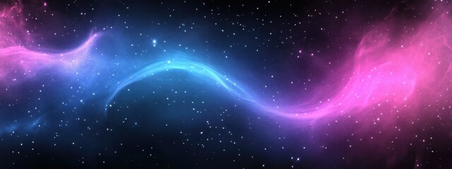 Obraz premium Abstract cosmic wave, vibrant energy flow, neon pink and blue light streaks, starry background, dynamic motion, glowing particles, interstellar space, ethereal luminescence, swirling nebula, cosmic ri