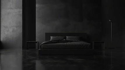 Black Minimalist Bedroom with Low Platform Bed and Concrete Walls