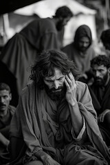 Naklejka premium A man sitting in front of a group of people with a beard