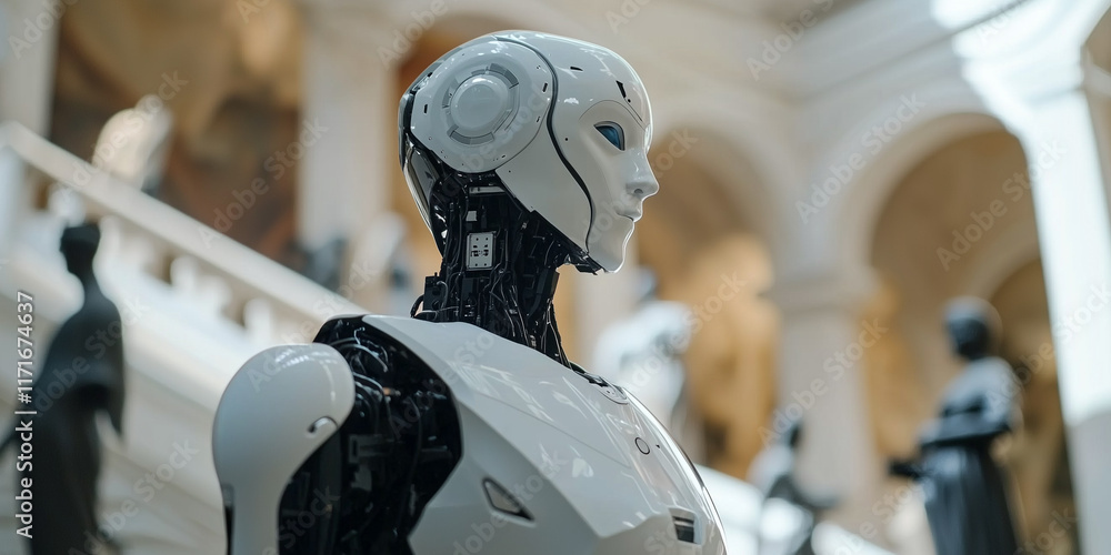 Poster low angle shot of humanoid robot in museum setting, surrounded by classical architecture and statues, showcasing advanced technology in cultural environment