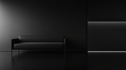 Obraz premium Minimalist Interior with Black Couch and Dramatic Shadows | Modern Design & Cinematic Lighting in Dark Room