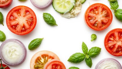 Fresh Tomatoes, Onions, Basil, Cucumber Slices, White Background