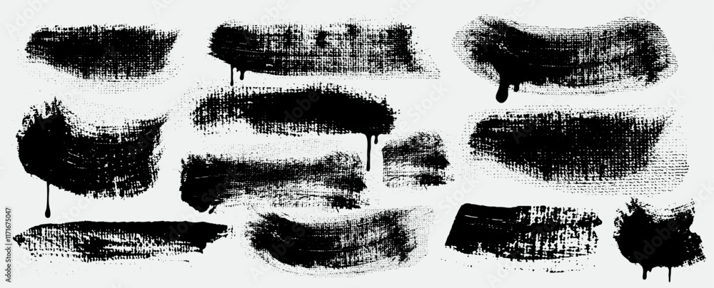 Poster set of text boxes black brush strokes vector. grunge design elements paintbrush collection. dirty te