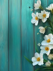 Obraz premium spring flowers on green wooden background