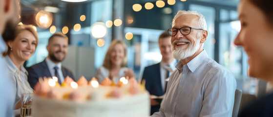 cheerful retiree is celebrated by coworkers at office retirement party, with cake in foreground and warm smiles all around