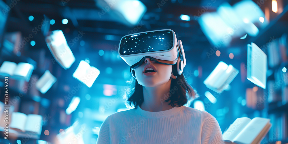 Poster woman wearing vr headset explores glowing digital library with floating books, creating futuristic a