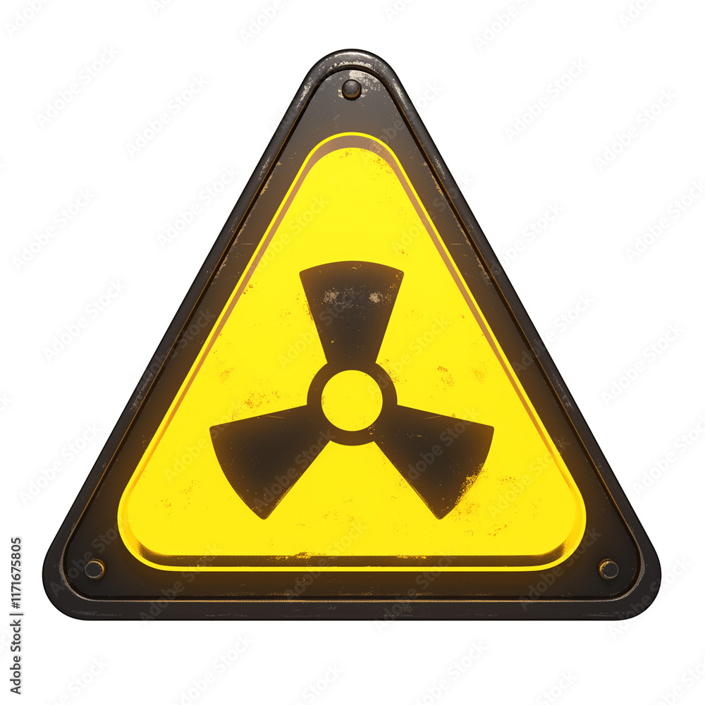 Aufkleber triangular yellow radiation warning sign with black radioactive symbol, featuring glowing neon effec