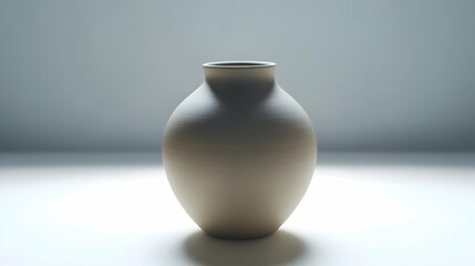 Minimalist still life of a matte ceramic vase on a smooth white surface, captured with shadowless lighting