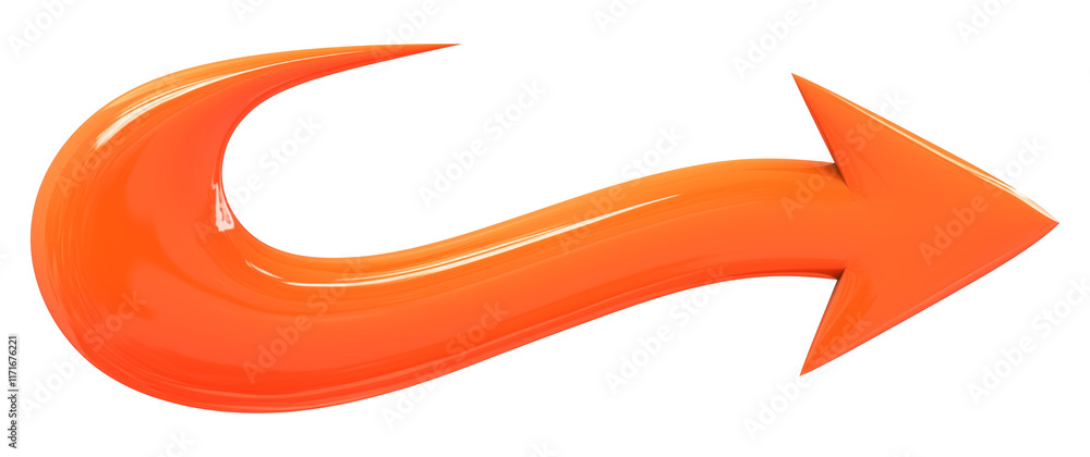 Poster curved orange arrow with glossy matte finish, isolated on transparency background, symbolizing direction, movement, or navigation with vibrant and dynamic design
