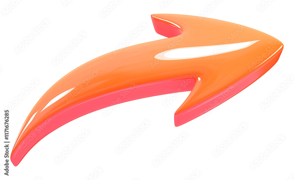 Poster smooth, curved arrow in vibrant orange and pink gradient colors with glossy plastic texture, isolate