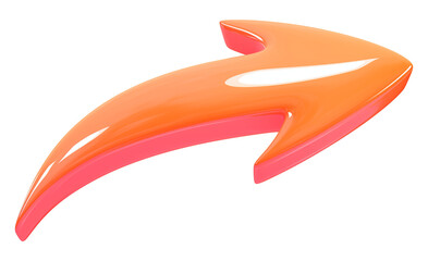 Naklejka premium smooth, curved arrow in vibrant orange and pink gradient colors with glossy plastic texture, isolated on transparency background